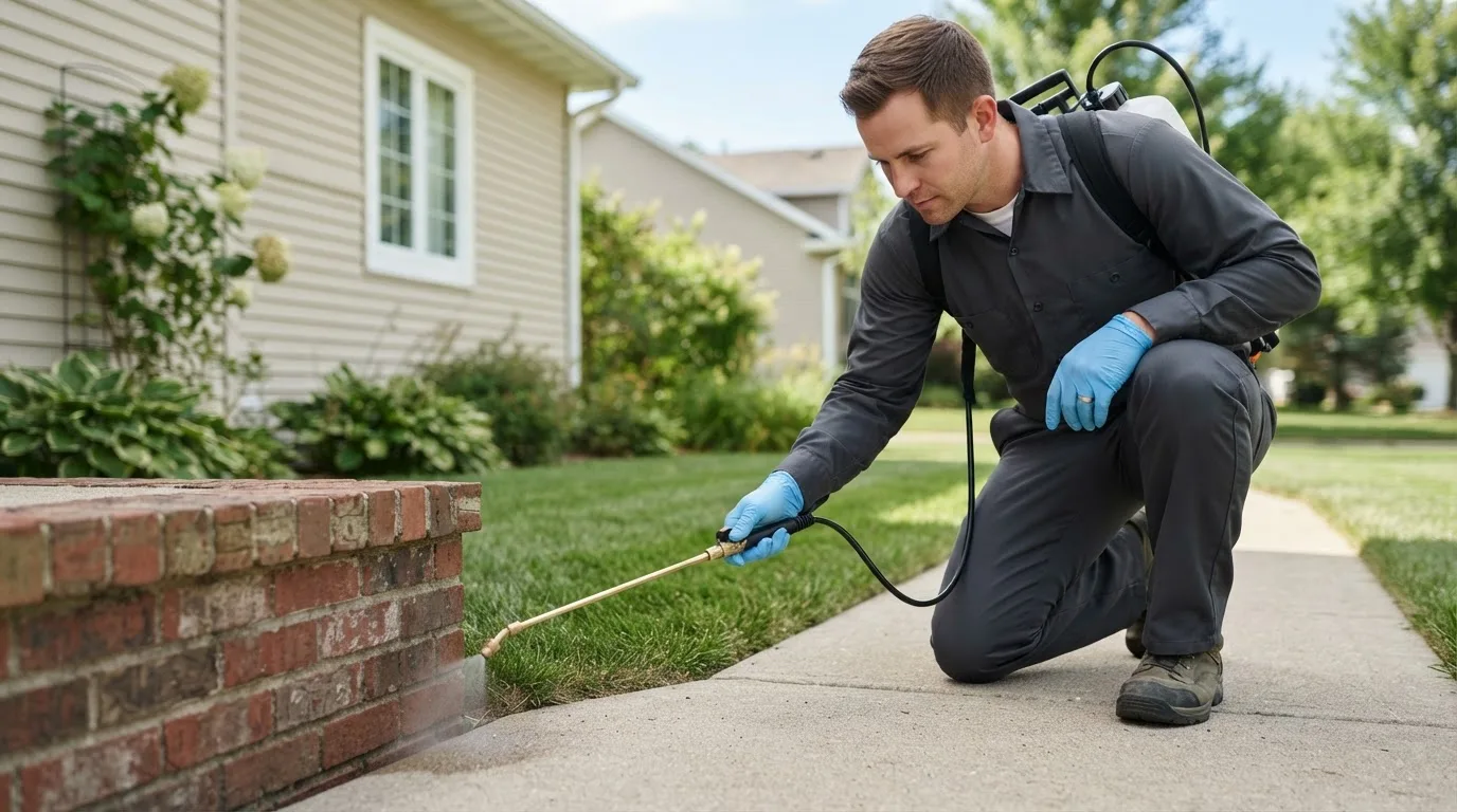 Pest control technician treating a home near Wales, ND